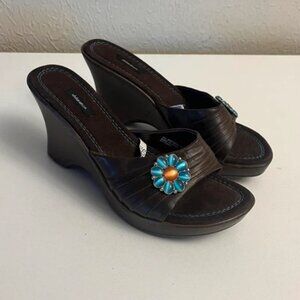 vintage y2k xhilaration brown & teal blue wedge boho heels size 8.5